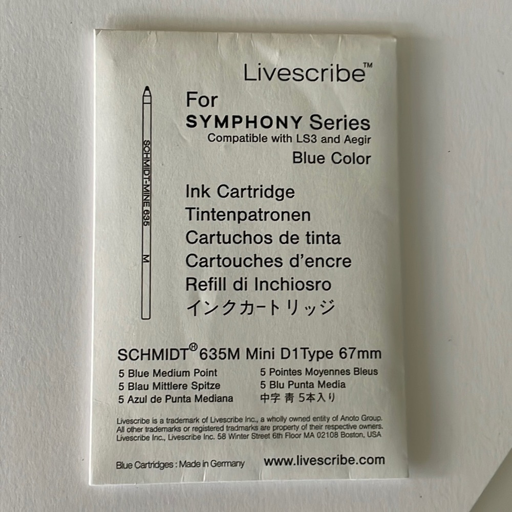 (NWT) Livescribe Echo 2 Smartpen Ink Refills, Medium Point, 5 Count, Blue.